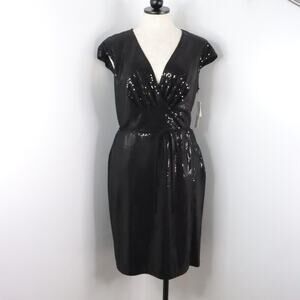 Chetta B Women’s 10 Black Sequin Faux Wrap V-Neck Sheath Cocktail Dress NWT